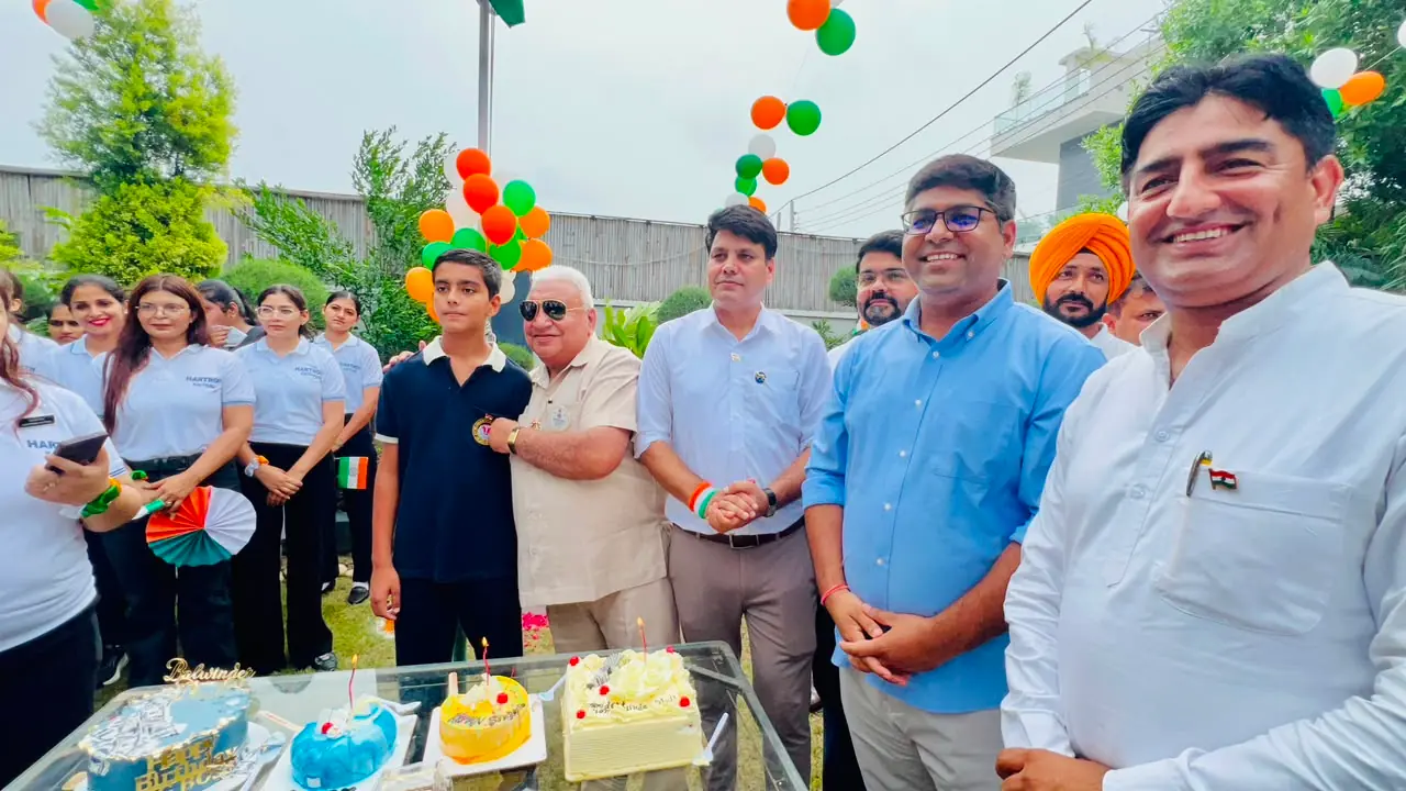 Guests cutting the cake during the Independence Day celebration at Zed-King Institute, Kaithal